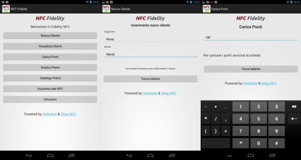 3 screenshot di NFC Fidelity, l&#039;app per la fidelizzazione clienti